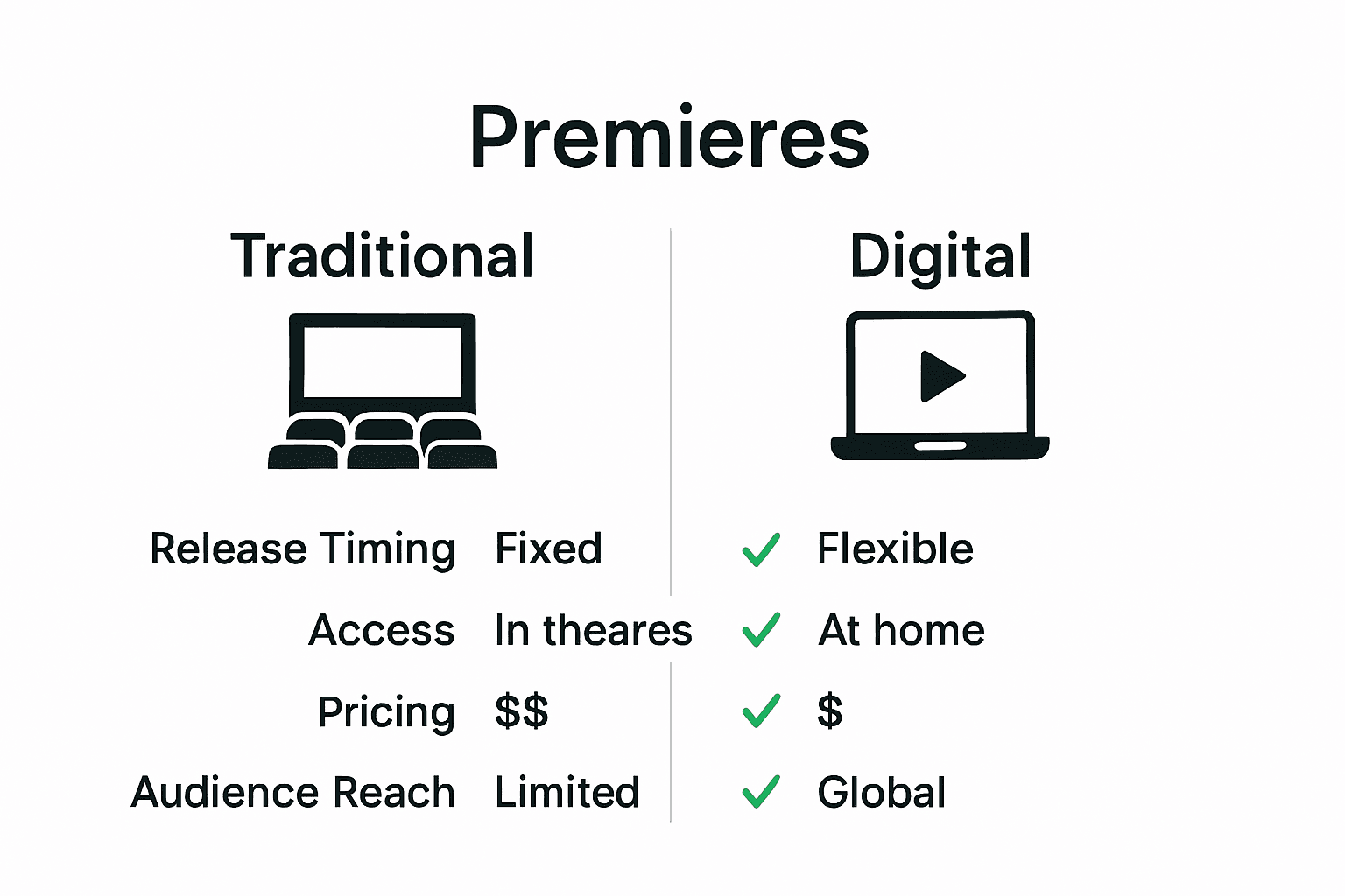 Infographic comparing digital and traditional premieres using icons and key features.