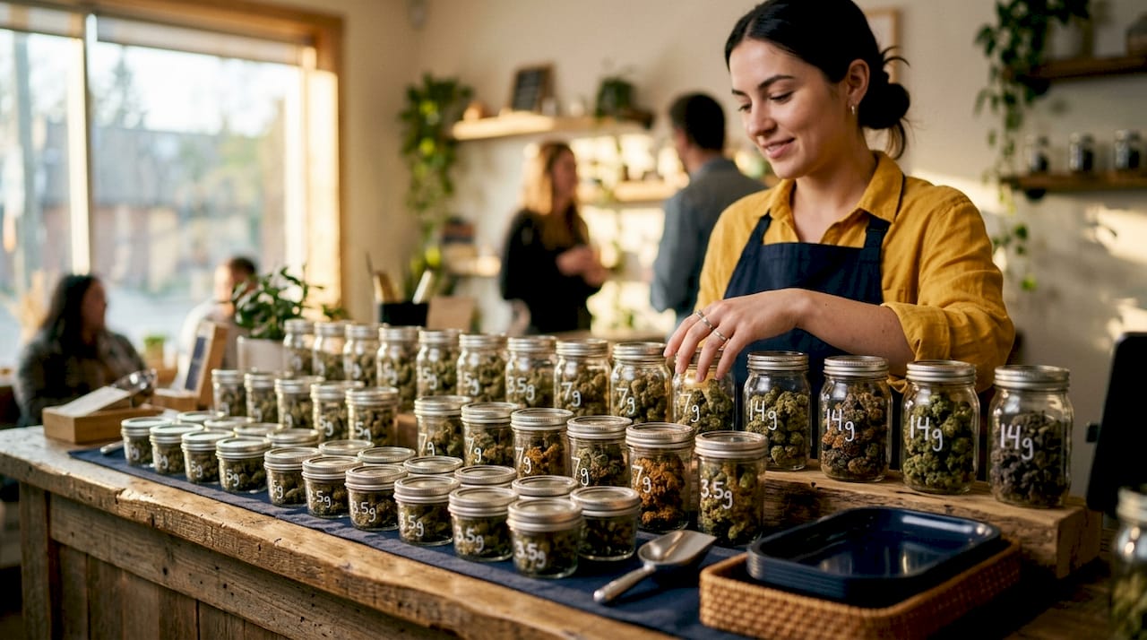 Cannabis containers showing common weight units