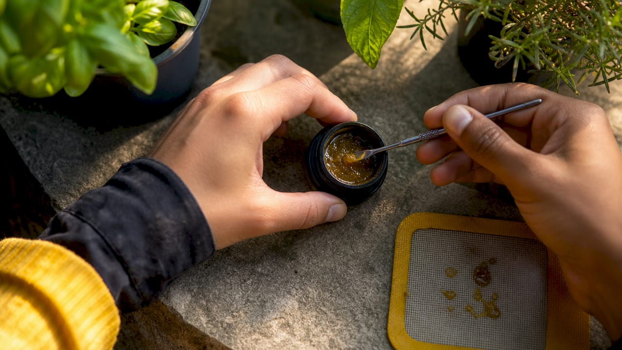 Hands handling rosin concentrate with dab tool on counter
