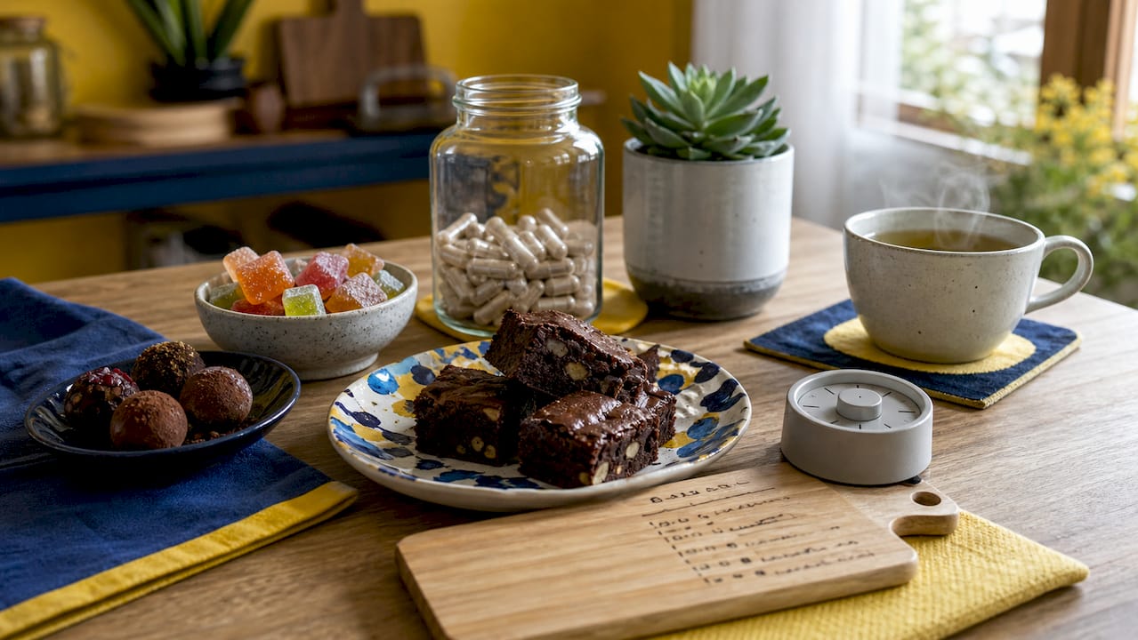 Various cannabis edible formats on kitchen counter