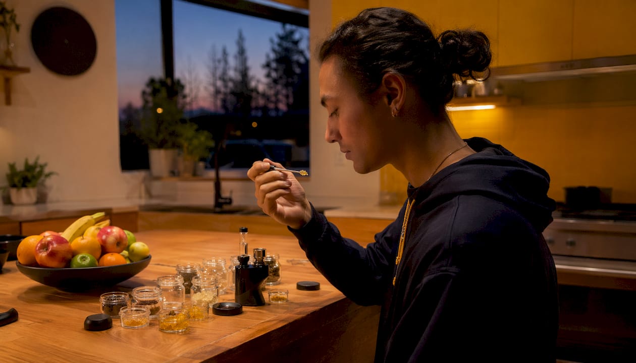Person sampling live resin concentrate at home table