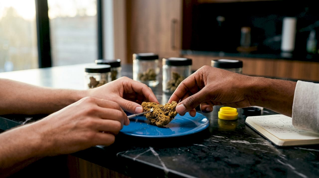 Close-up of hands inspecting high-quality hash resin