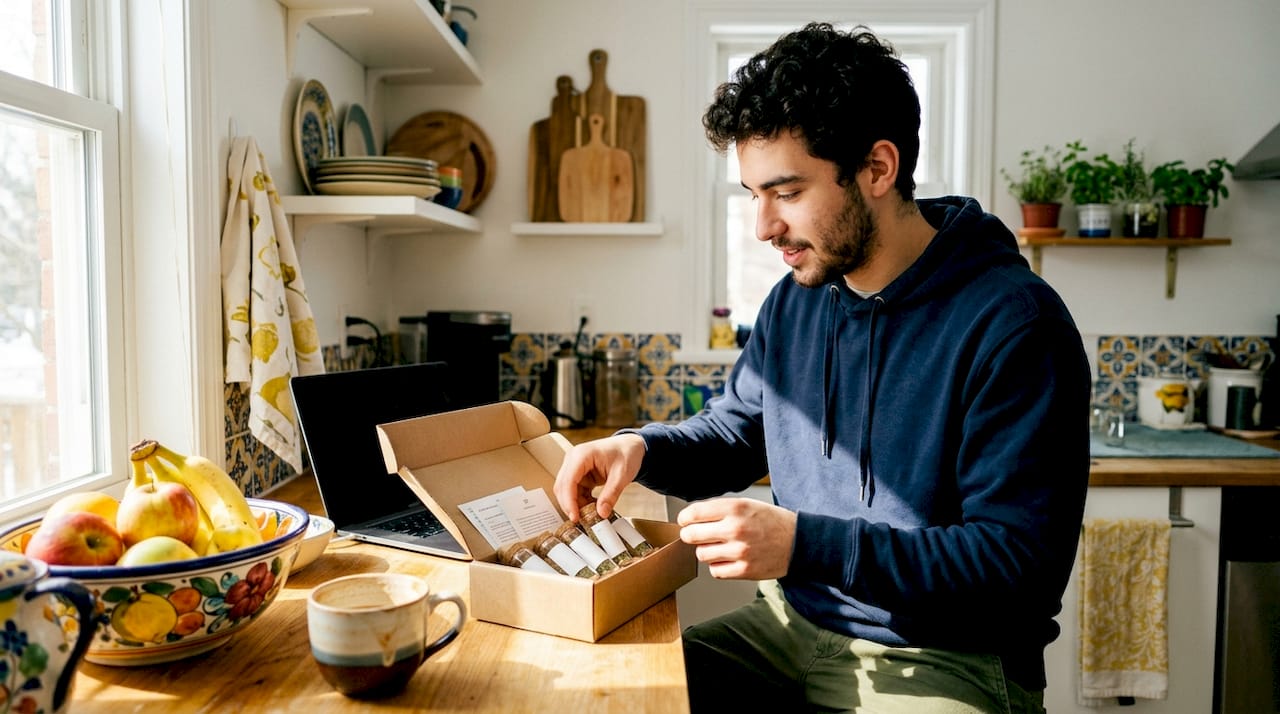 Young man unpacking cannabis sativa delivery at home