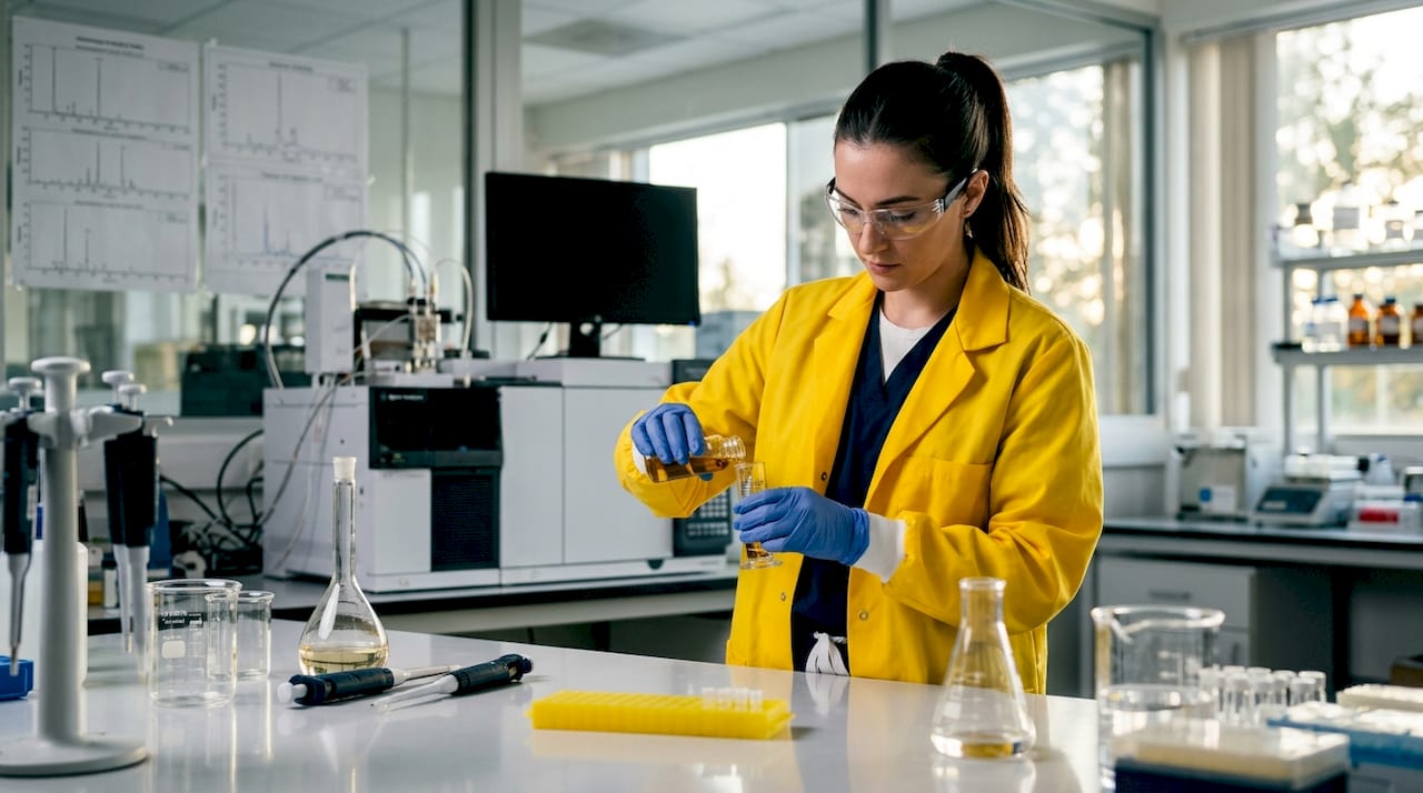Technician testing cannabis terpene profile in lab