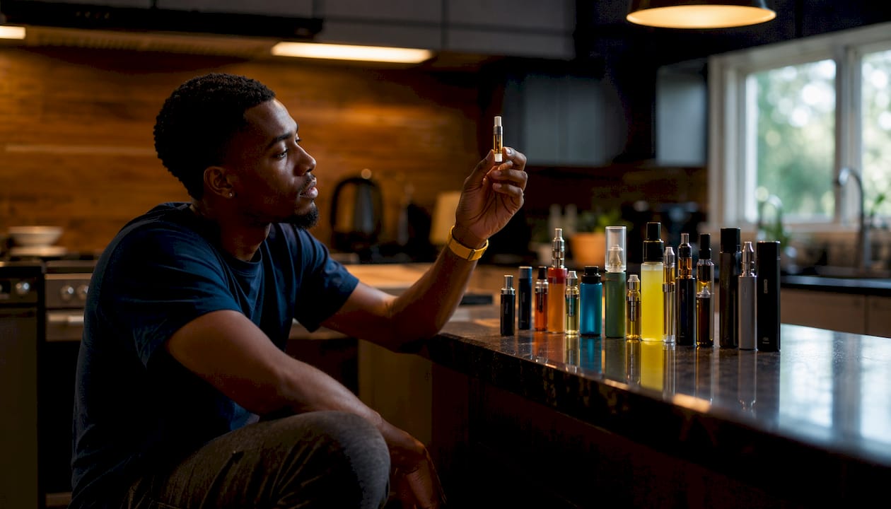 Man inspecting vape cartridge by window
