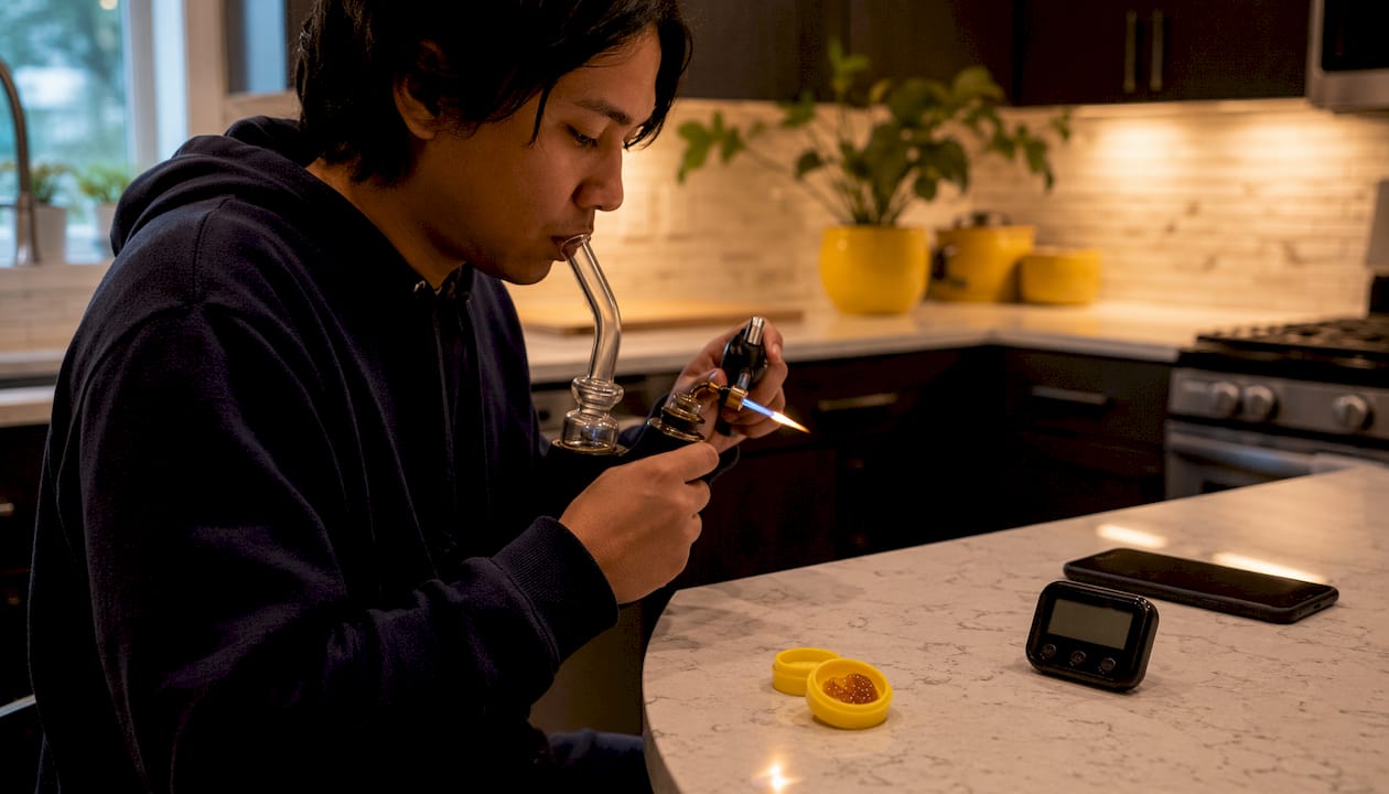 User preparing live resin dab with rig and torch