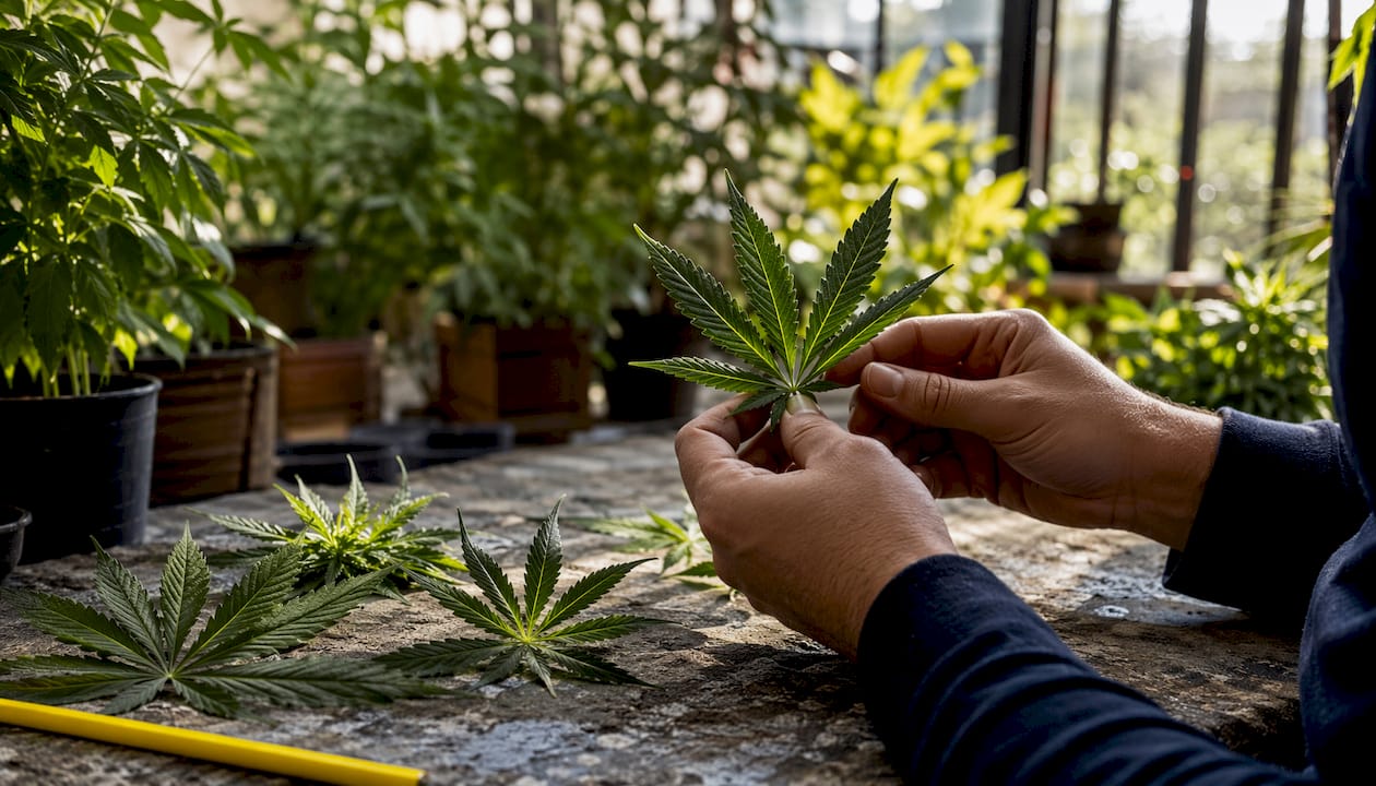 Close-up of hands holding cannabis leaves
