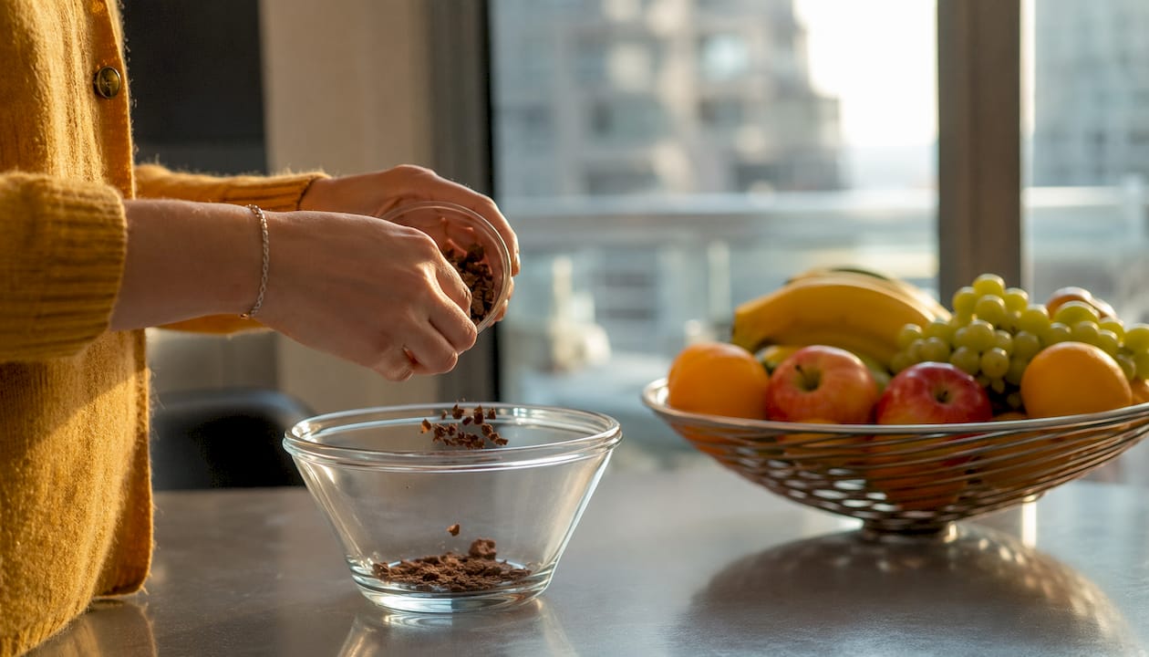 Hands breaking cannabis edible in kitchen