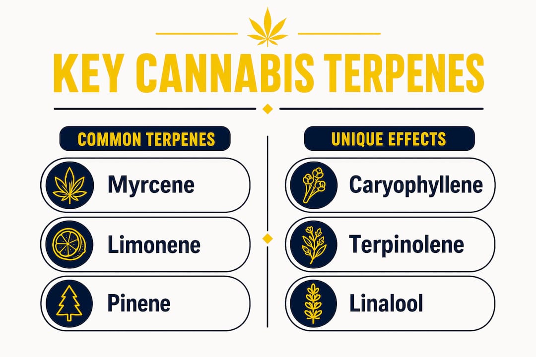 Infographic comparing key cannabis terpenes and effects