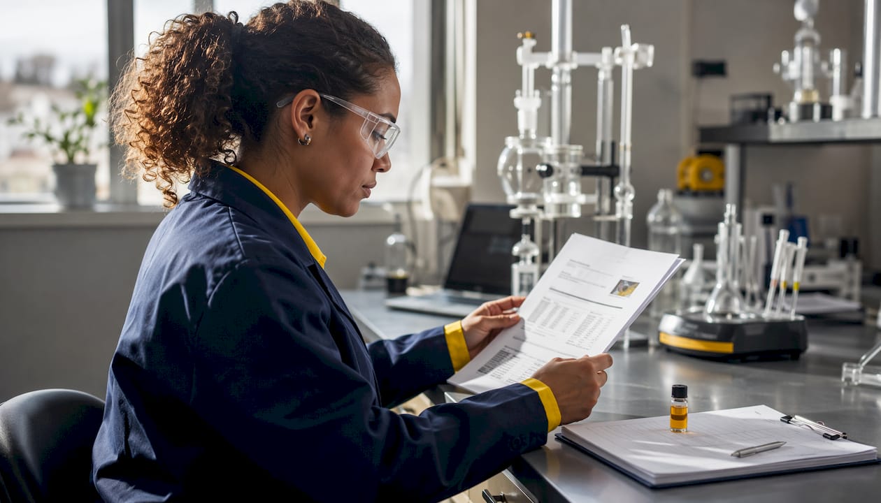 Lab technician reviewing live resin COA report