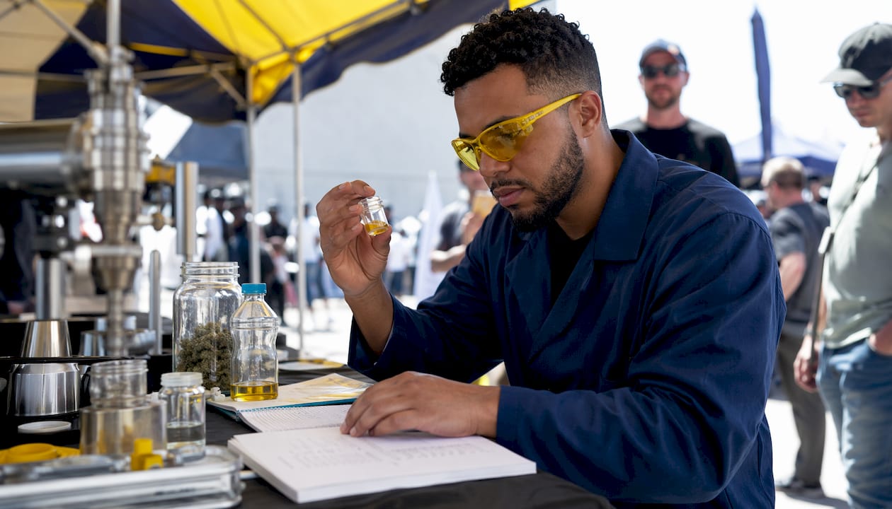 Lab technician examining live cannabis resin sample