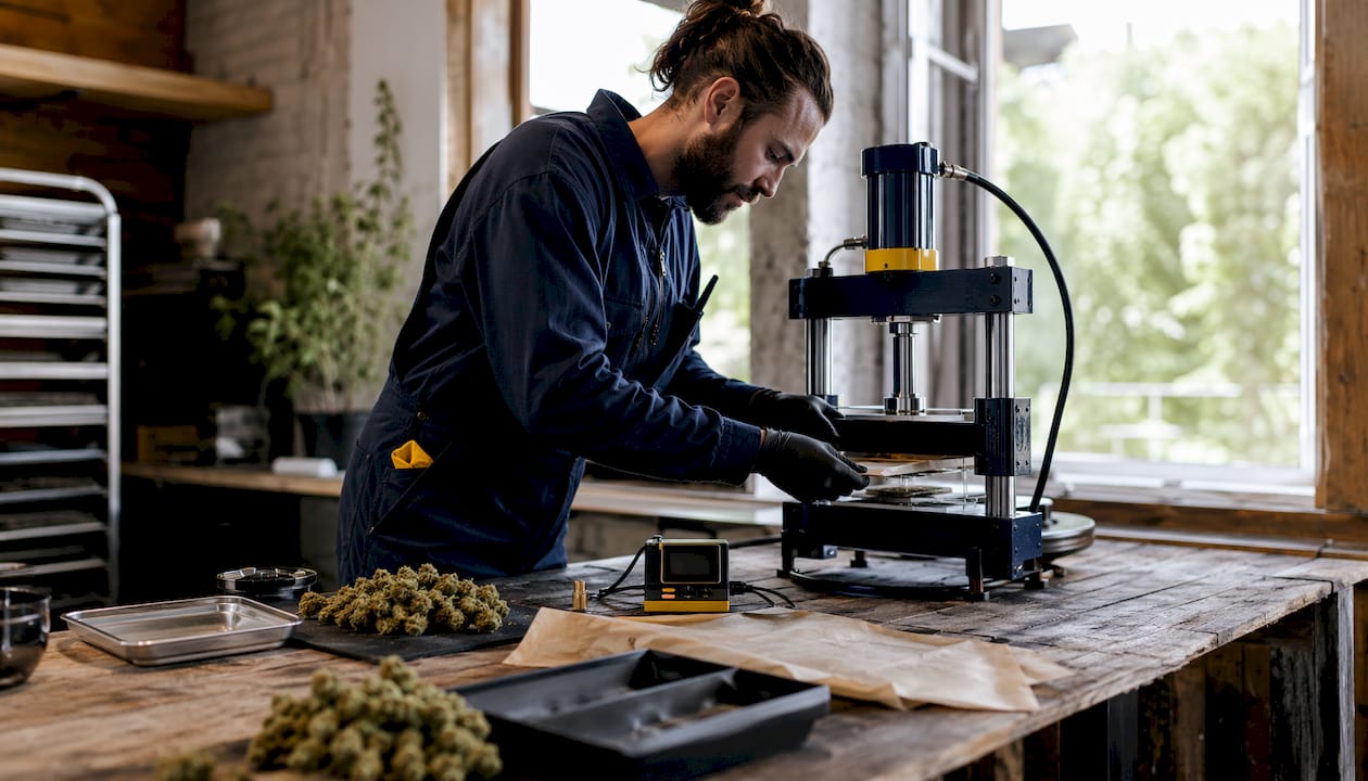 Hands using rosin press in artisanal workshop