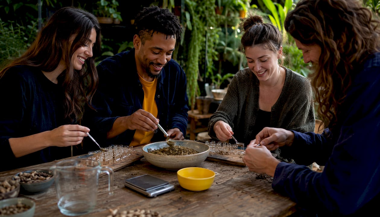 Hands filling microdose capsules on white countertop