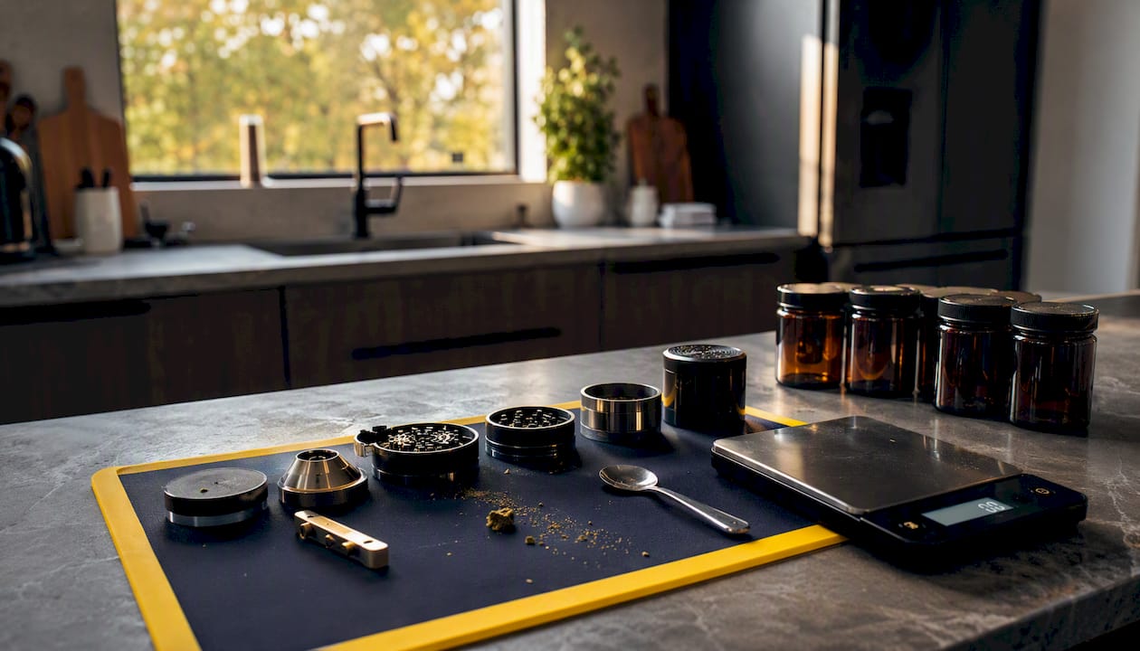 Cannabis splitting tools on wooden table