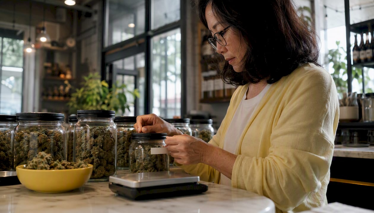 Woman labeling filled cannabis jars