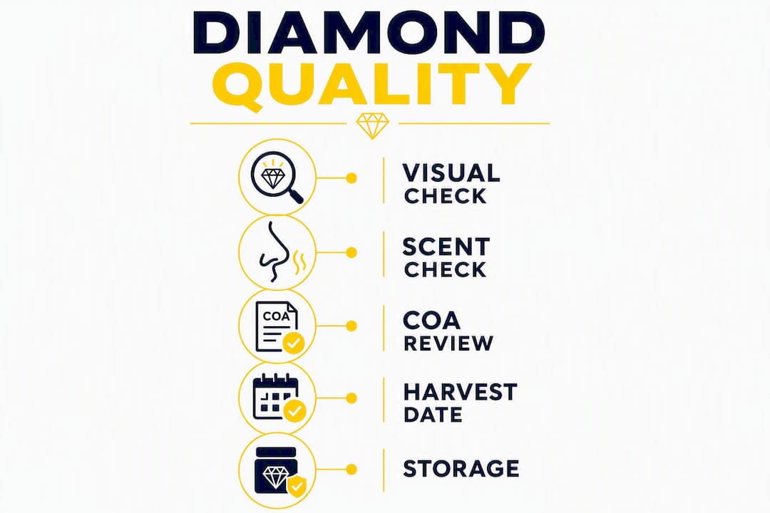Infographic showing steps to assess cannabis diamond quality