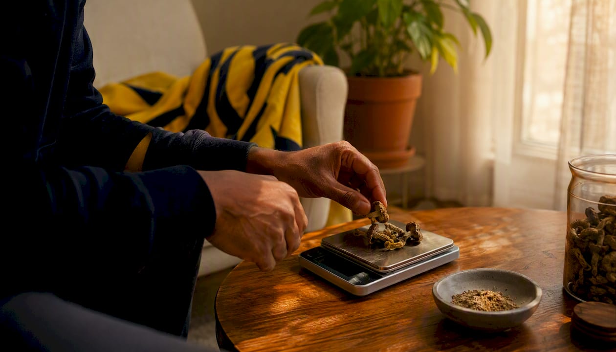 Hands weighing psilocybin mushrooms on digital scale