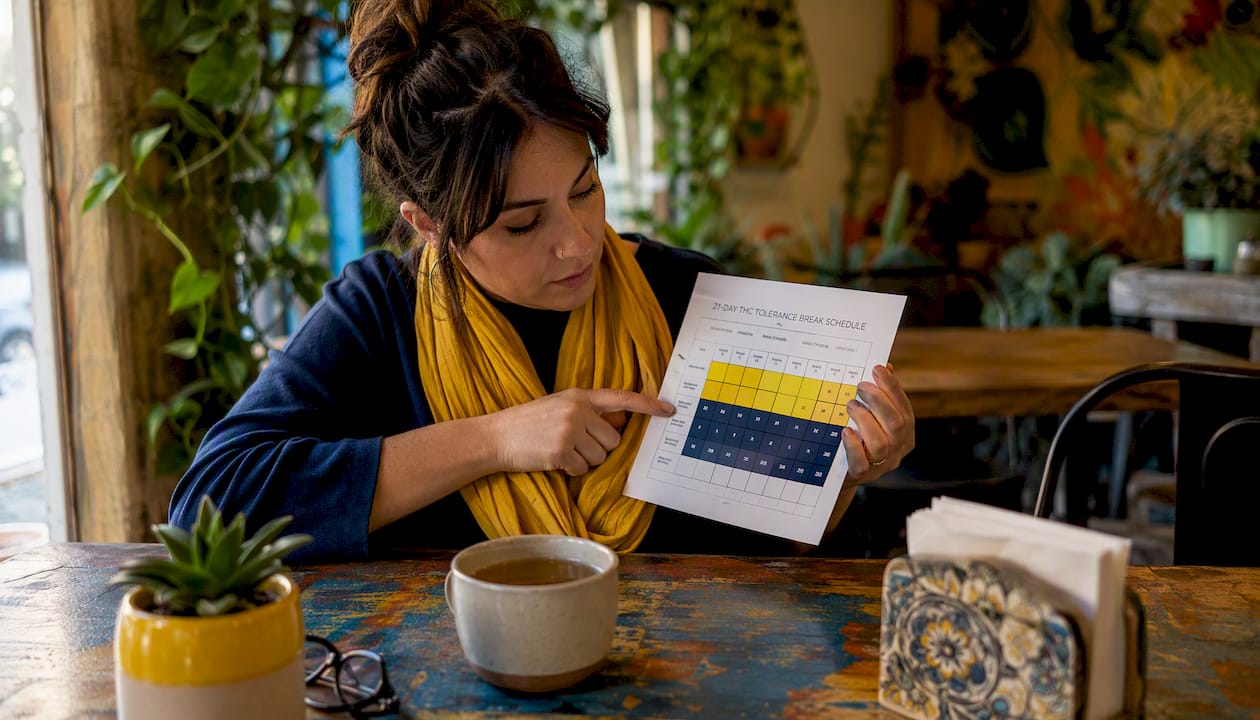 Hands reviewing 21-day THC break schedule at table
