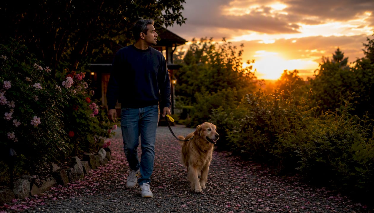 Man walking dog outdoors during THC break reconnection
