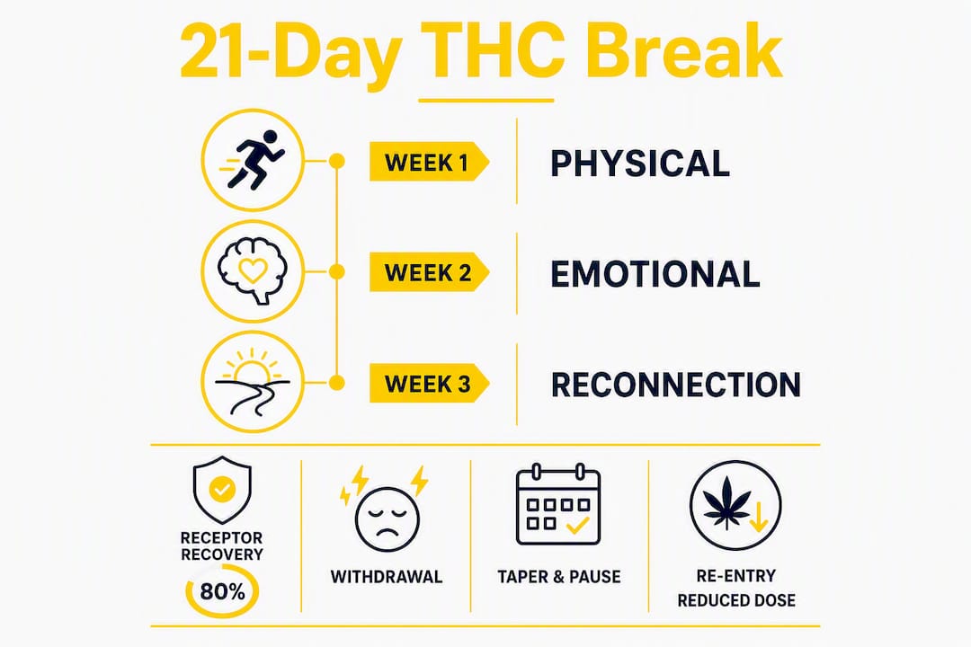 Infographic summarizing 21-day THC tolerance break stages and recovery milestones
