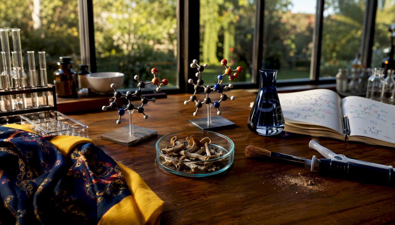 Lab setup showing psilocybin molecules and mushroom samples