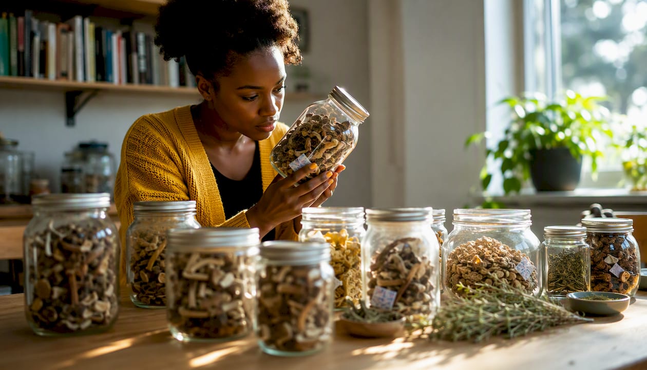 Woman inspecting dried mushroom jar with oxygen absorber