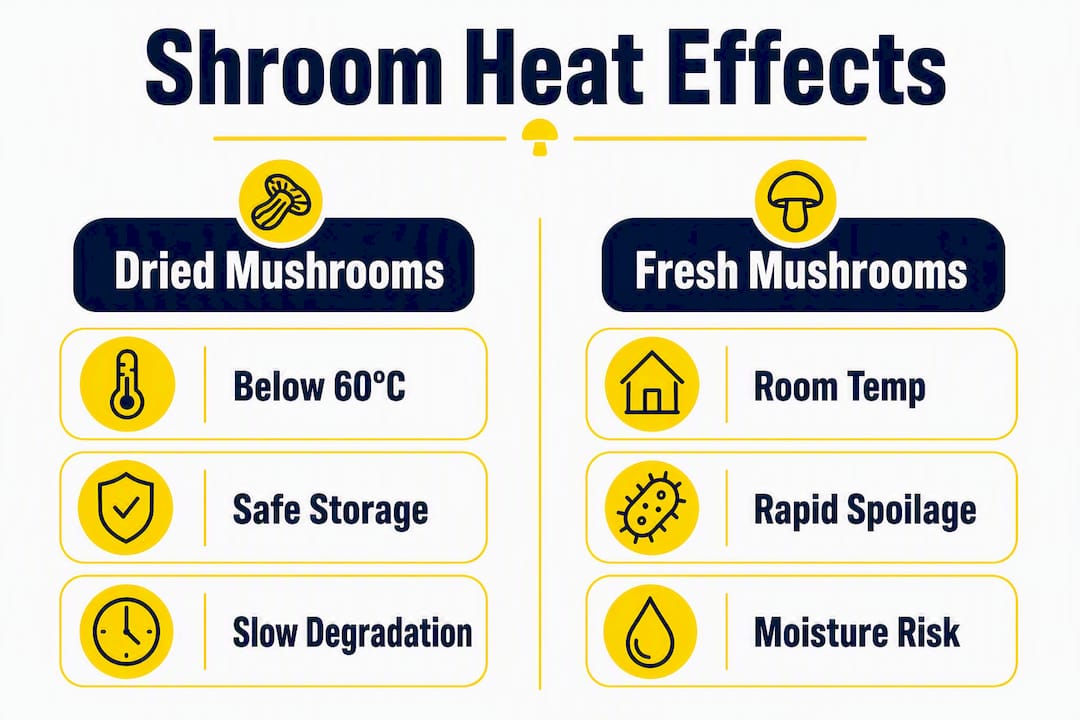 Infographic comparing dried vs fresh mushroom heat effects