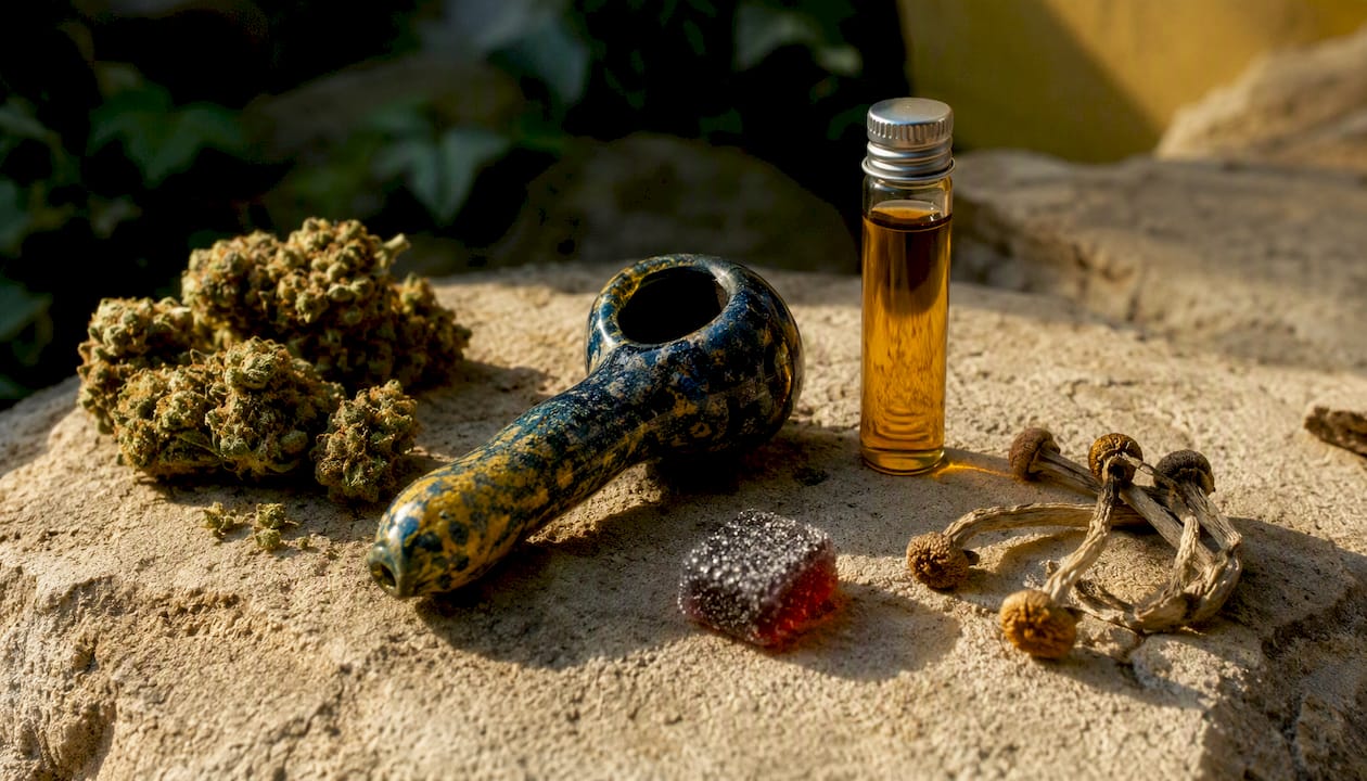 Various cannabis formats alongside dried mushrooms