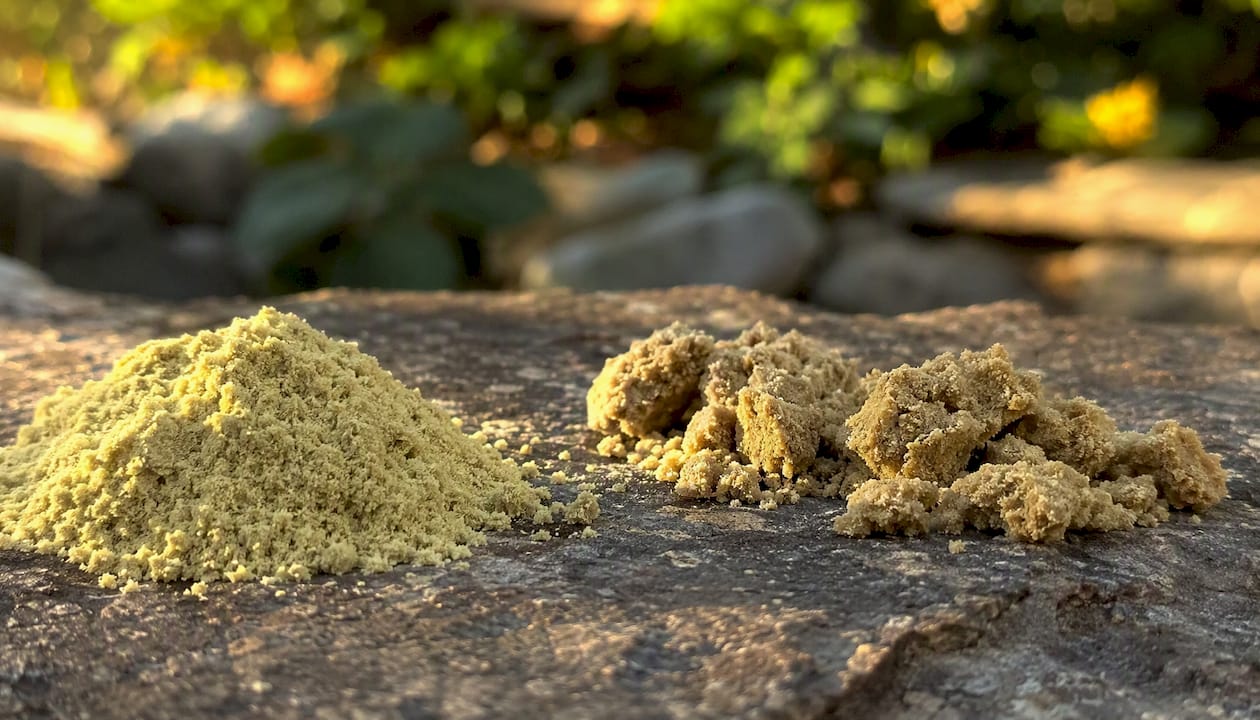 Close-up of dry sift and bubble hash textures