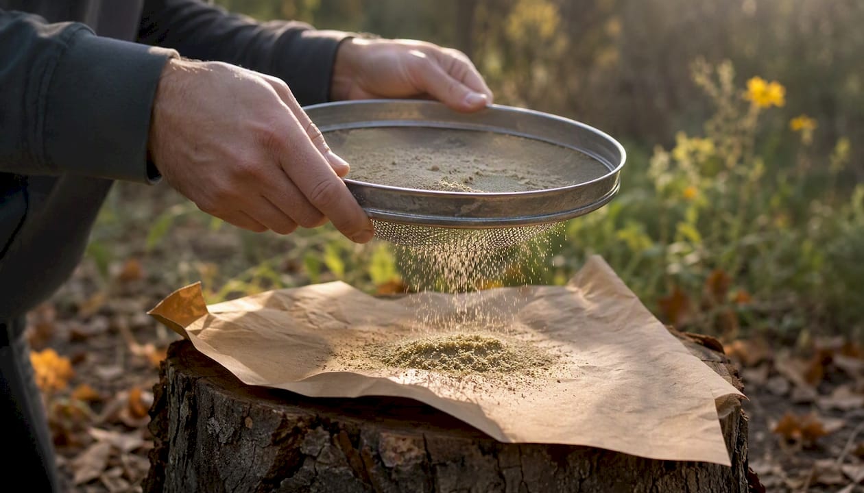 Hands pressing cannabis over dry sift screens