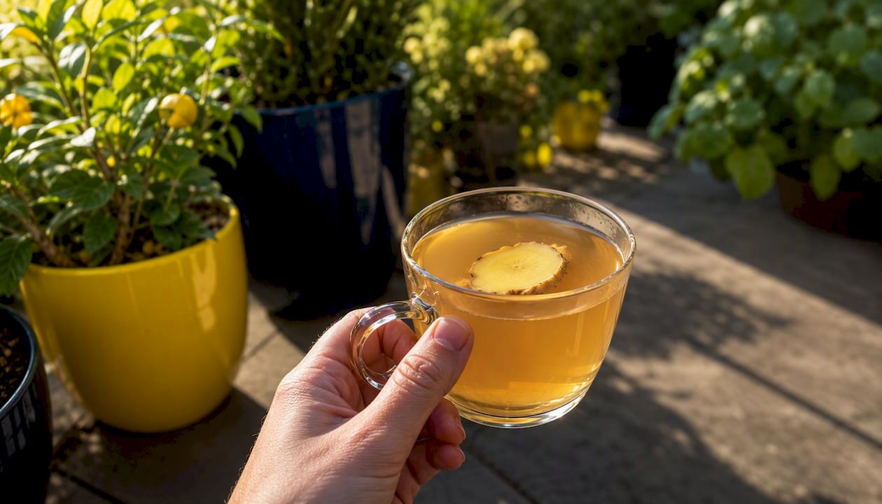Hand holding a mug of strained shroom tea with ginger