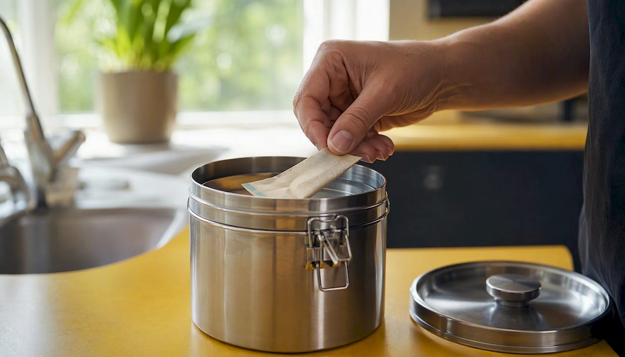 Hand placing humidity pack inside stainless steel canister