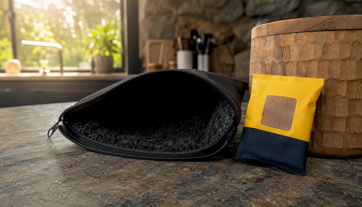 Open carbon-lined pouch with humidity pack nearby