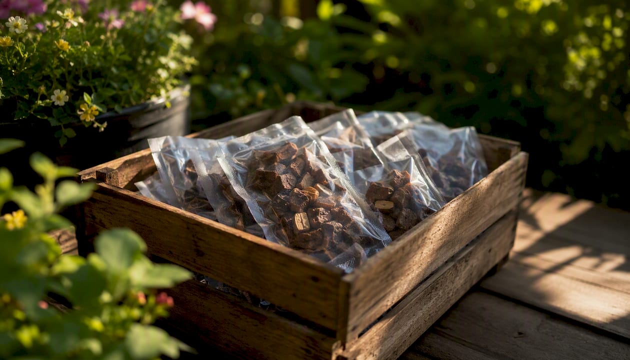 Vacuum-sealed mushroom chocolate bags in dark container