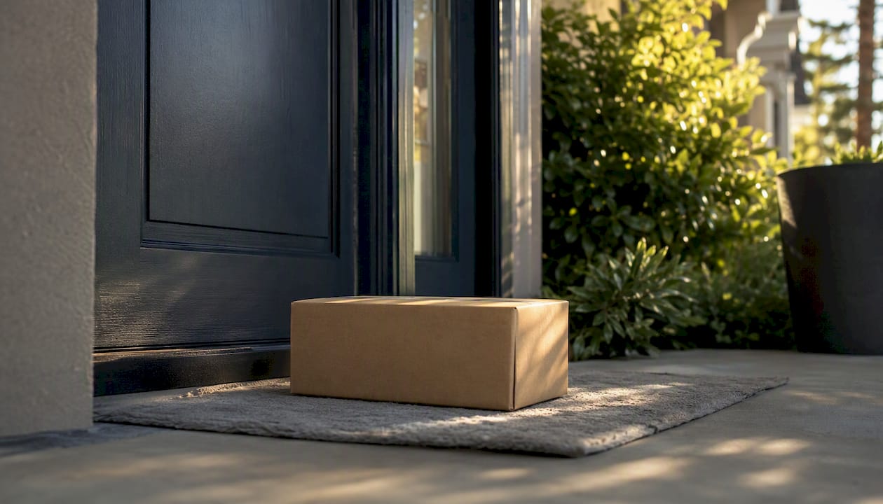 Discreet plain parcel on doorstep with notice card