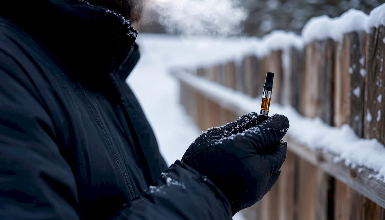 Hand holding vape cartridge outdoors in cold weather