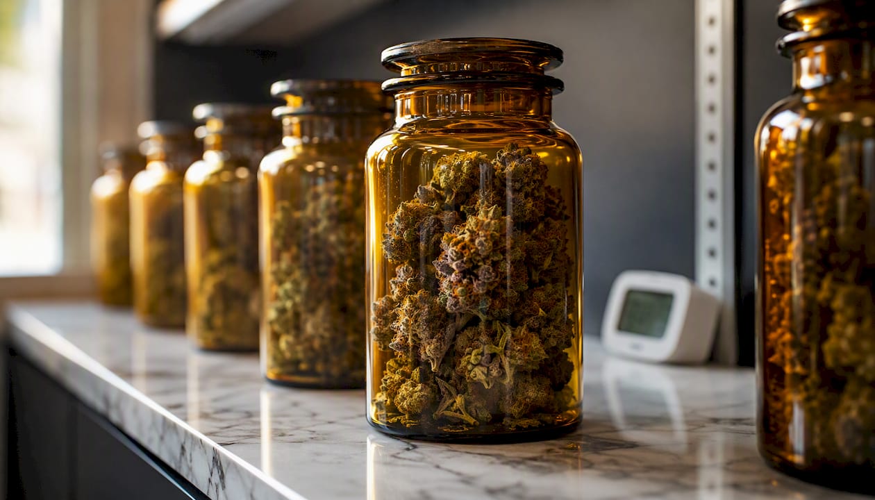 Glass jars with cannabis flowers stored for curing