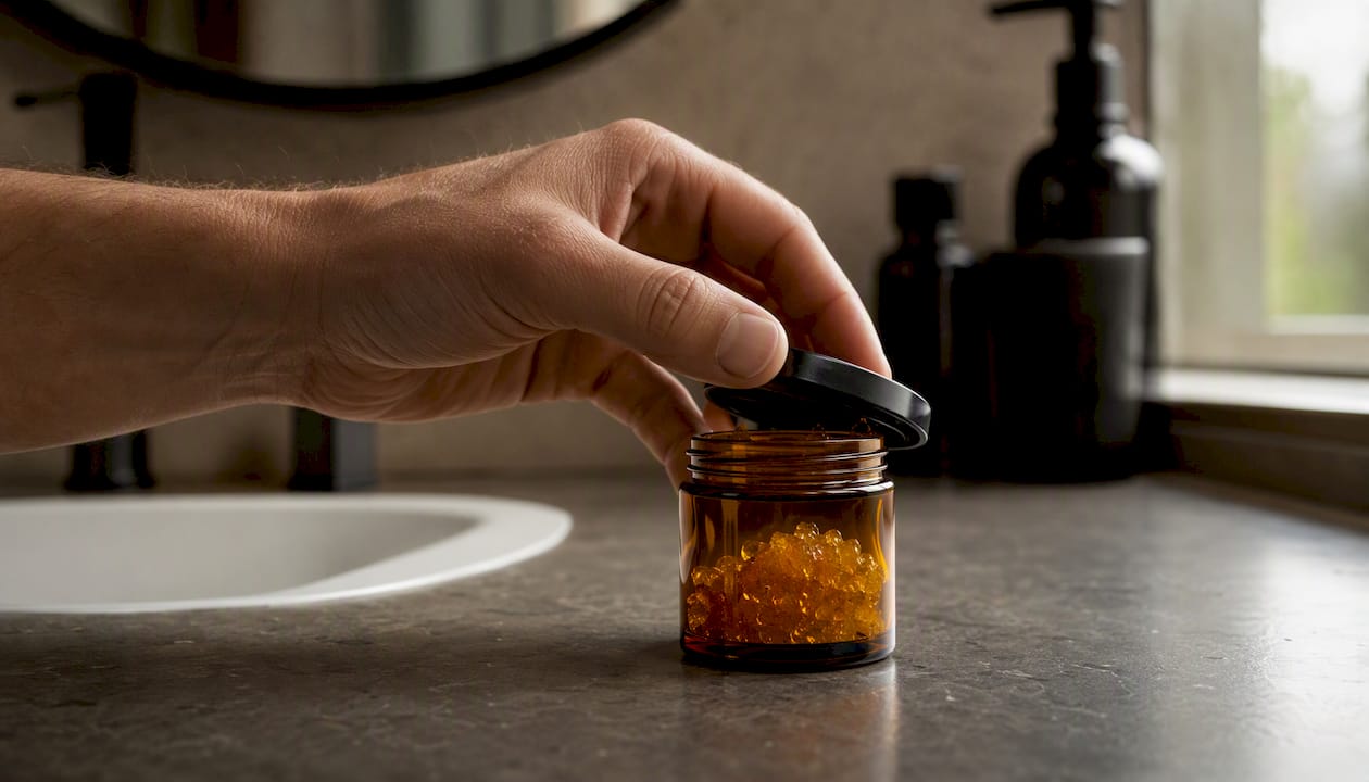 Hand sealing amber glass jar with hash inside