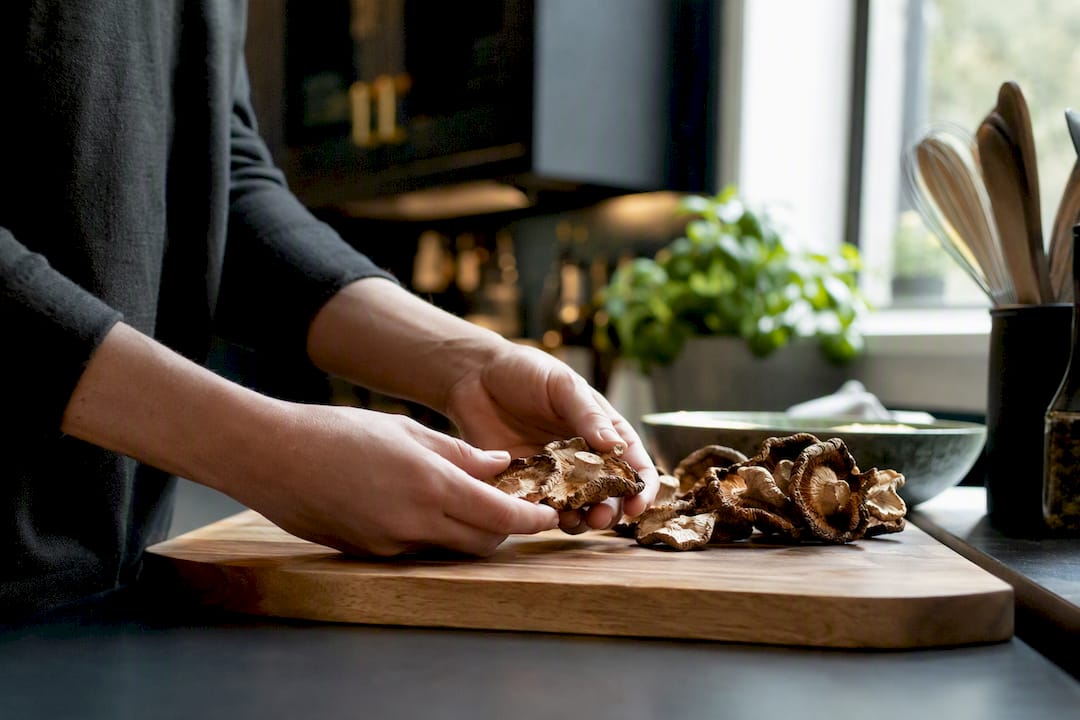 Dried mushrooms pre-freezing in refrigerator drawer