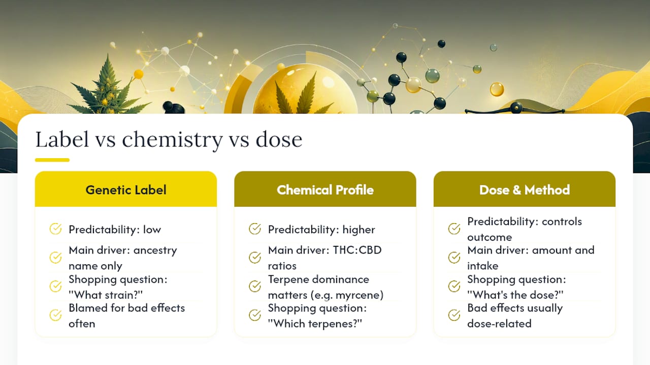 Diagram comparing chemical profiles and effects in hybrid cannabis