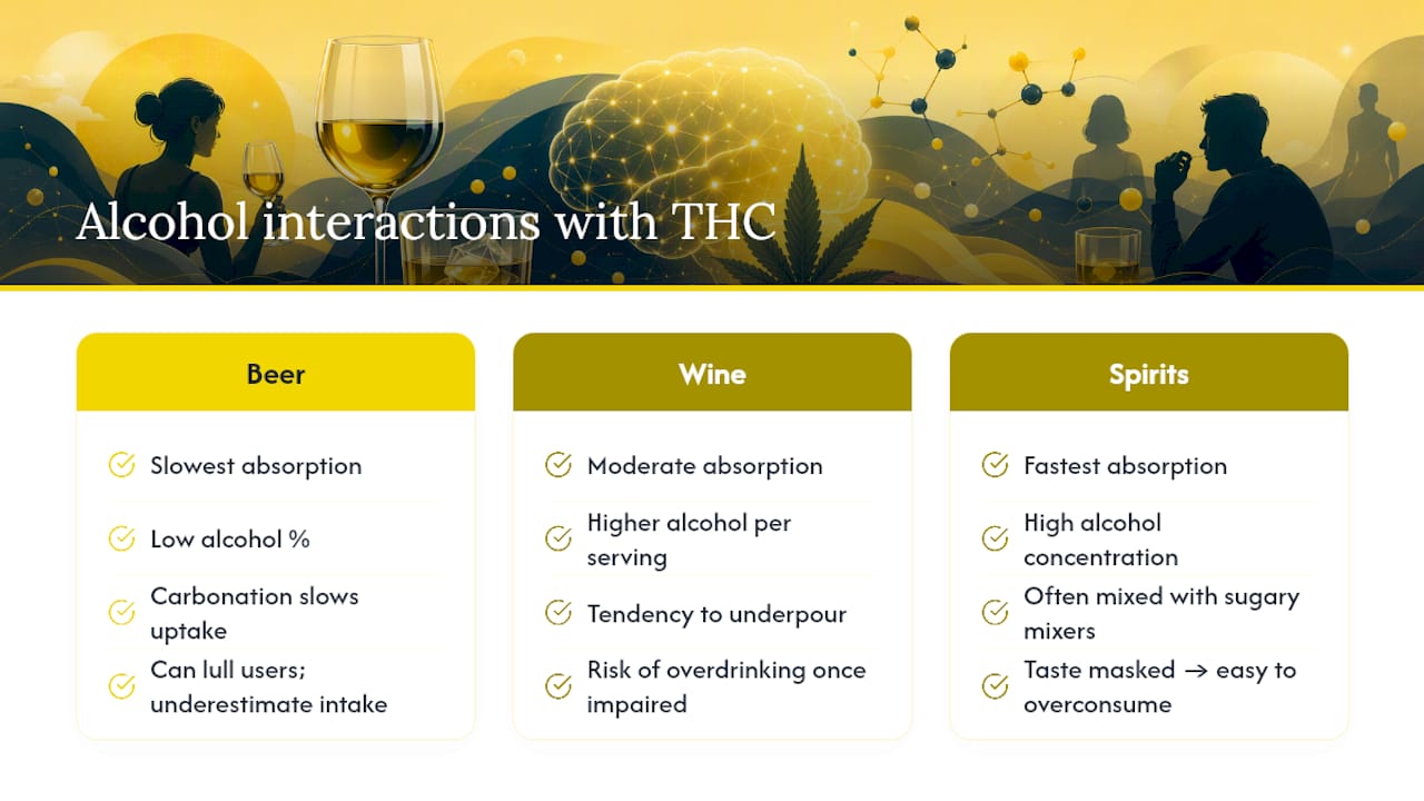 Diagram comparing beer, wine, and spirits interactions with THC