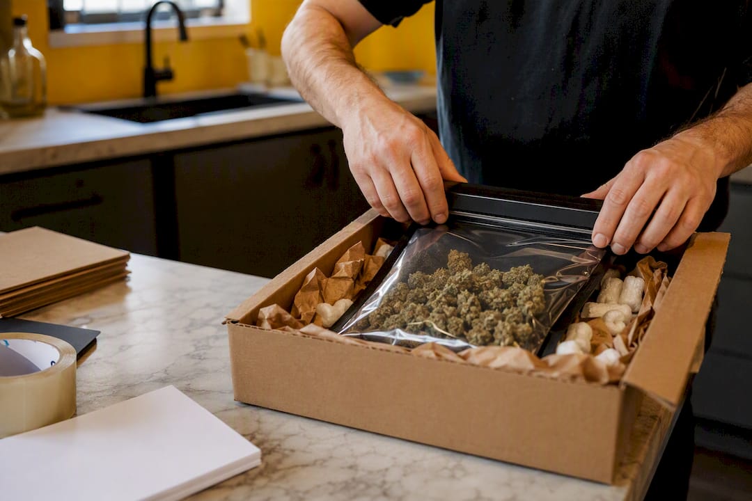 Hands double-sealing smell-proof pouch for shipment