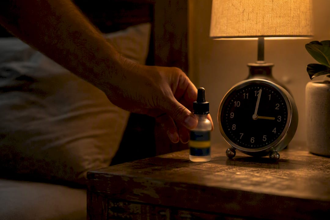 Hand placing cannabis oil vial by bedside clock