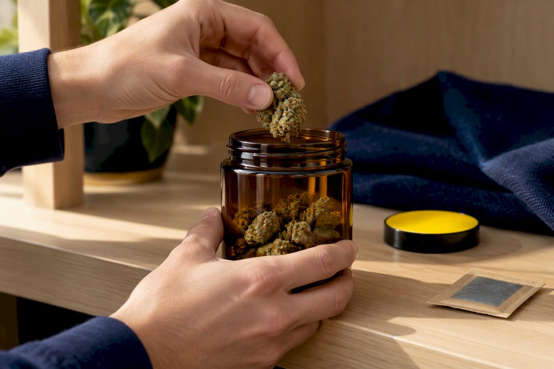Airtight jar storing cropped cannabis flower