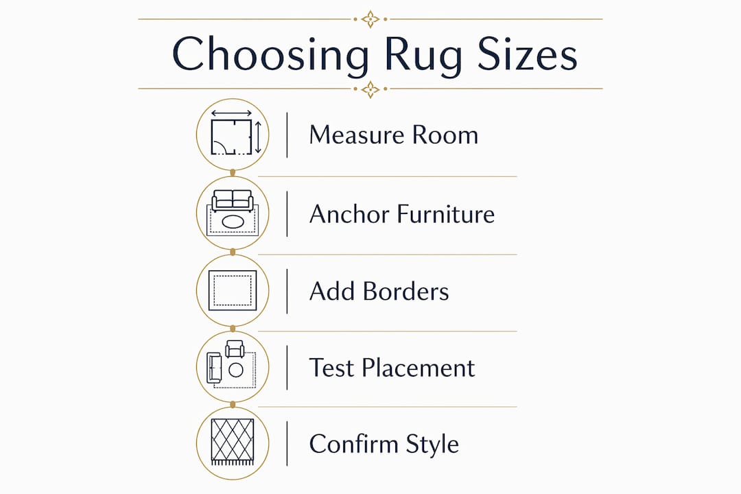 Infographic illustrating rug size selection steps