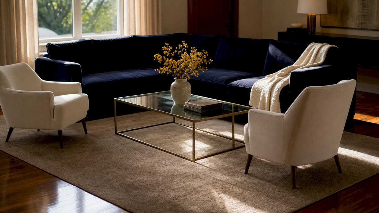 Overhead view of furniture on rug
