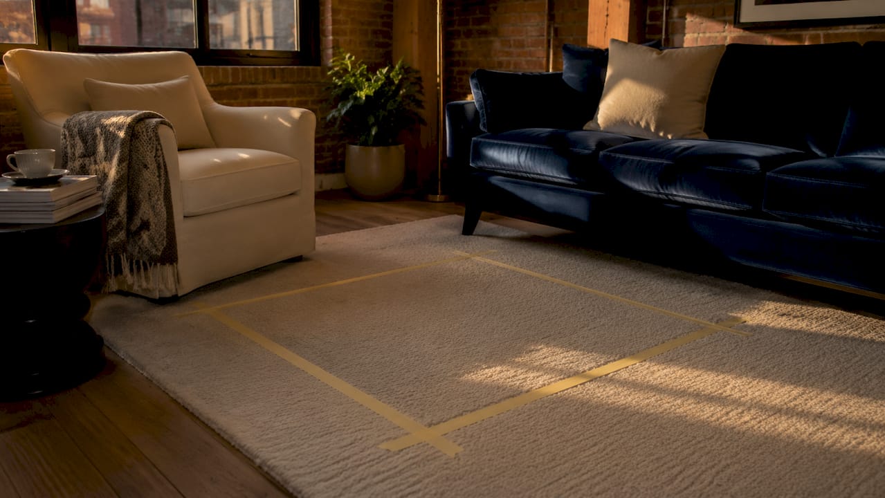 Masking tape coffee table layout on floor