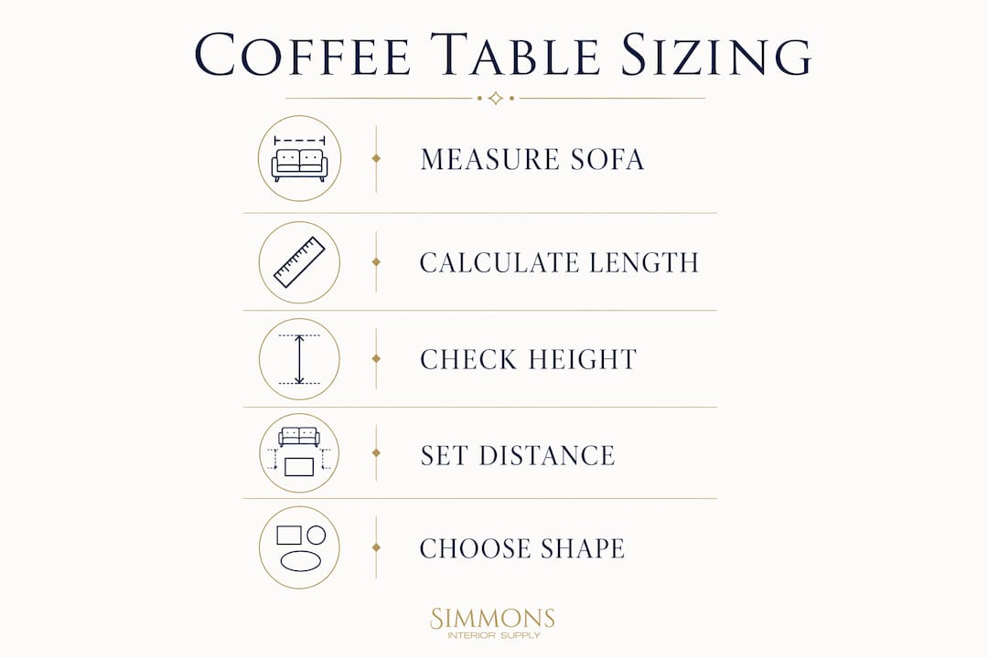 Infographic with numbered coffee table sizing steps
