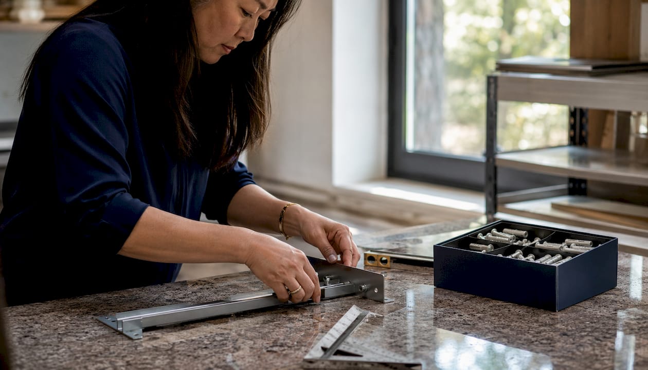 Hands assembling mirror mounting hardware on workbench