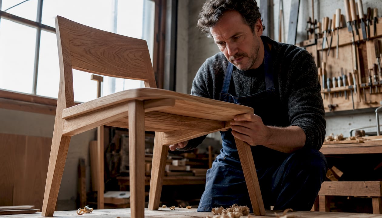 Craftsman inspecting bespoke FSC certified oak chair